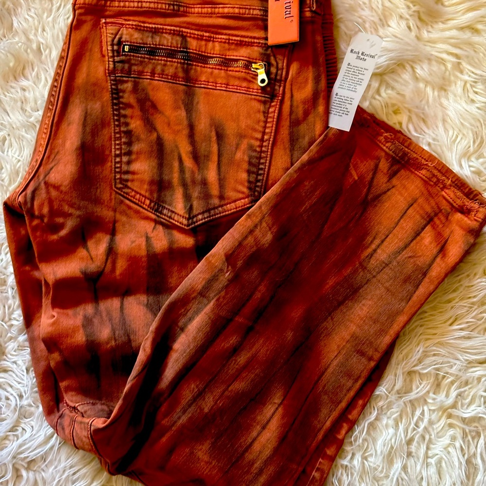 Rock Revival Distressed Denim Biker Moto Jeans "Ivan" Orange Men’s 40x31 NEW